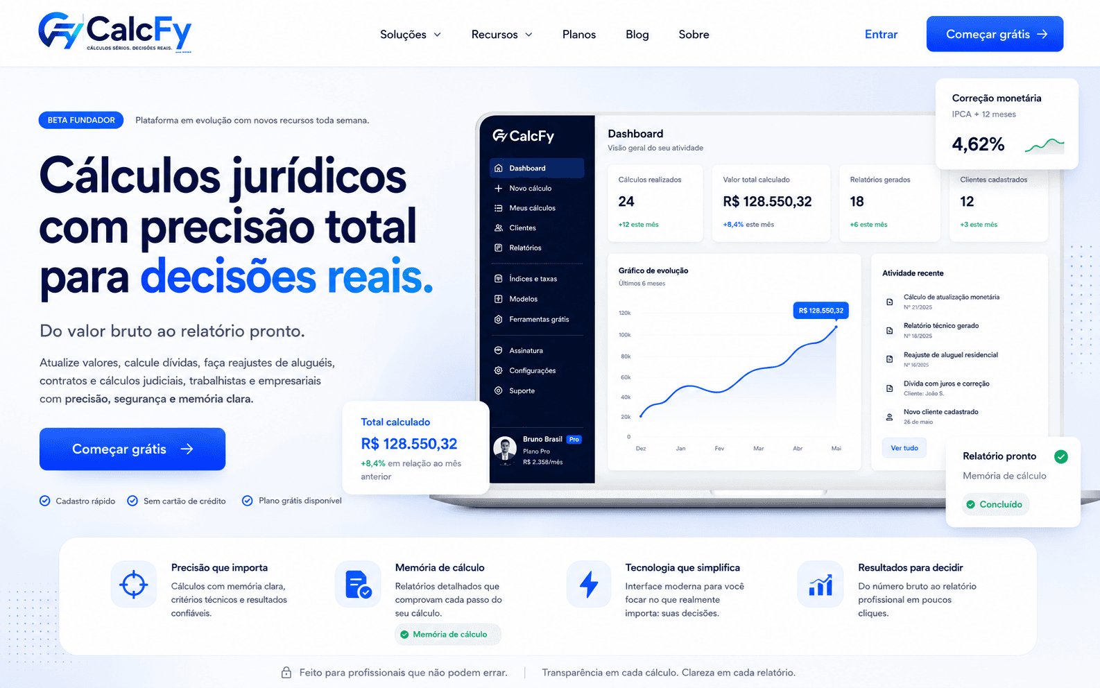 Interface premium do CalcFy com relatório, total final e critérios de cálculo.