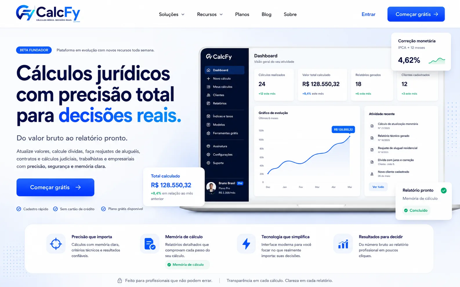 Interface premium do CalcFy com relatório, total final e critérios de cálculo.